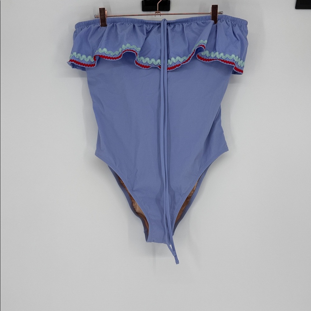 J.Crew Off-Shoulder One Piece Swimsuit Size 16 NWT Ric Rac Trim Blue Ruffle
